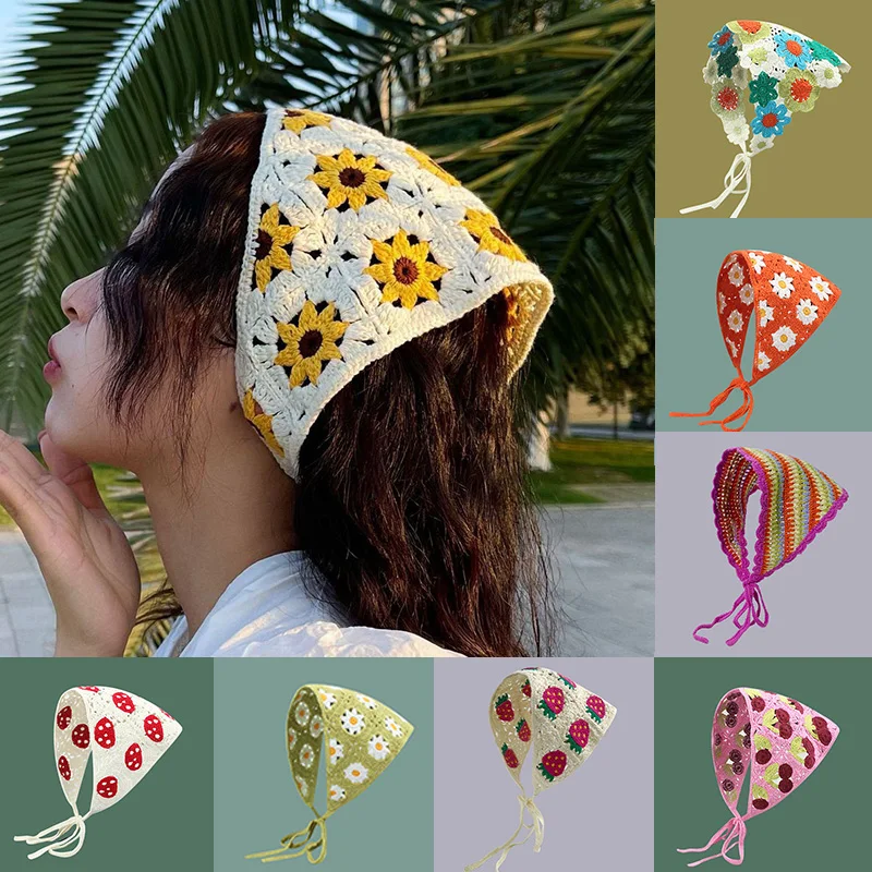 

Korean Small Mushroom Strawberry Handmade Crochet Hollow Triangle Headband Towel Sweet Cute Strap Hair Bag Headscarf Hat 2023