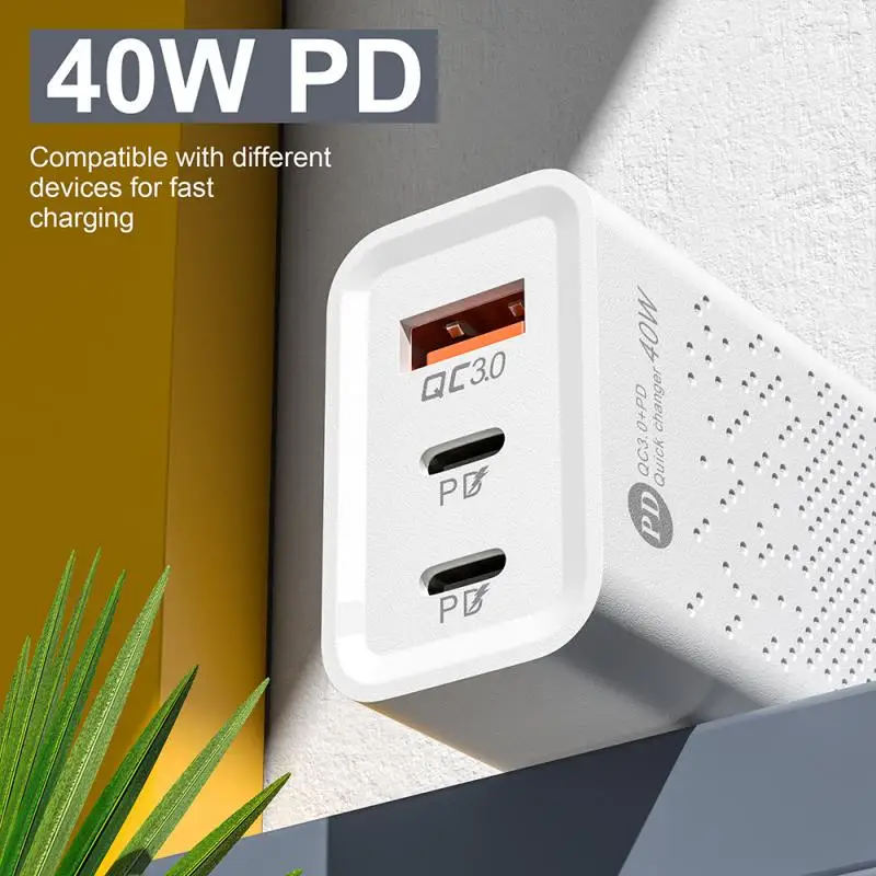 

40W Phone Charging PD Fast Charging USB QC3.0 Multiple 3 Ports Type C Plug Mobile Phone Adapt For Xiaomi High Speed Wall Charger