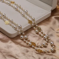 long camellia pearl necklace for women double layer collane lunghe donna rose flower maxi sweater chain necklace