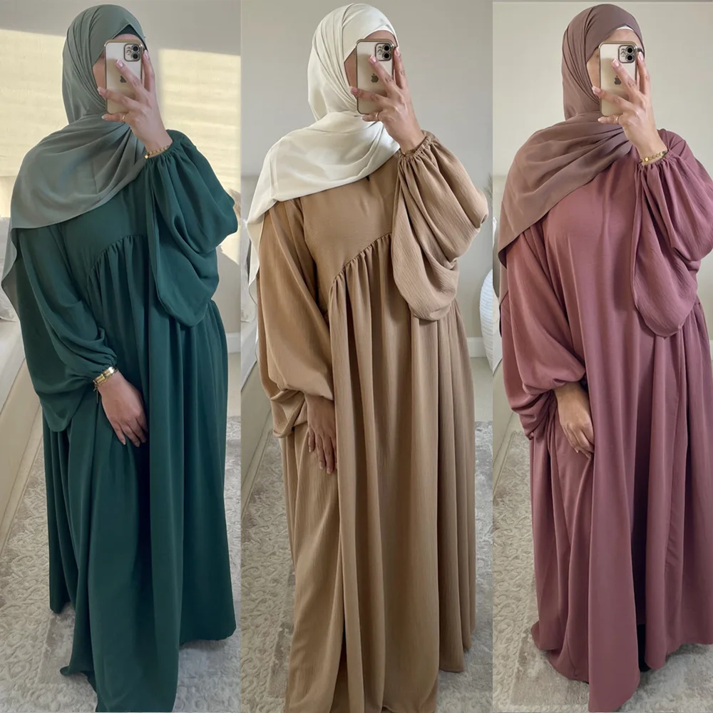 

Islamic Jilbab African Dresses Dubai Turkish Modesty Kaftan Plain Abaya Muslim Long Dress Women Ramadan Eid Crepe Balloon Sleeve