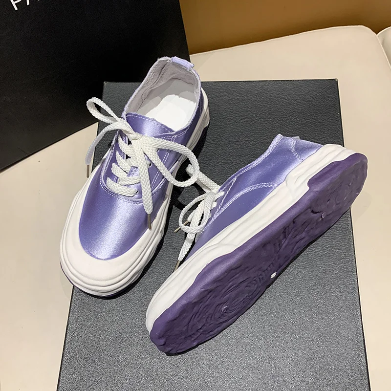 2023 Light Luxury Style Satin Face Dissolving Sole Casual Shoes Summer New Thick Sole Everything Canvas Shoe Candy Color Lace-up