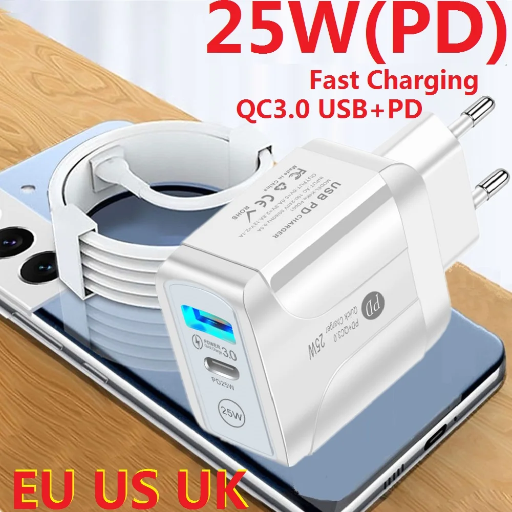 

QC3.0 4.0 25W Eu US PD Type c Wall Charger Quick Charging Home Travel Power Adapters For Ipad IPhone 12 13 14 Samsung Huawei