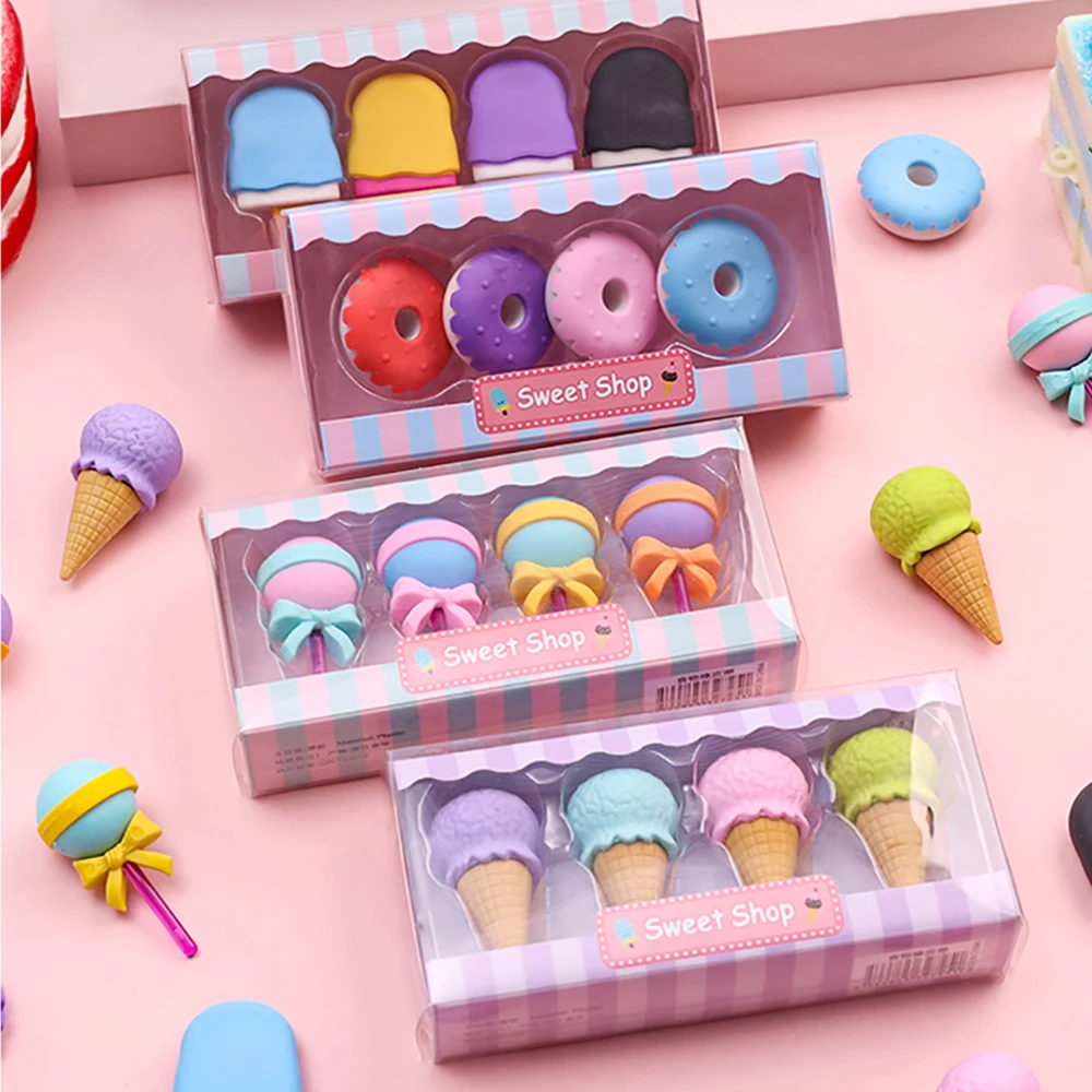 

4Pcs/Set Simulation Yummy Dessert Eraser School Students Cartoon Mini Lollipop Donuts Rubber Pencil Eraser Kid Stationery Gift