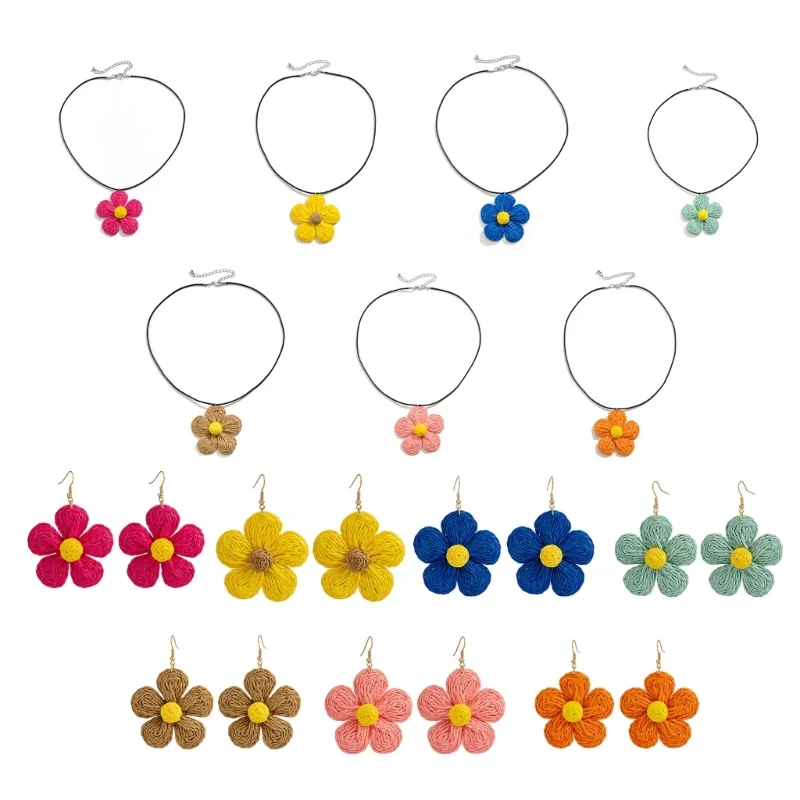 

Rattan Earrings Necklace Women Handmade Flower Wicker Straw Stud Earrings Statement Weaving Braid Drop Dangle Earring