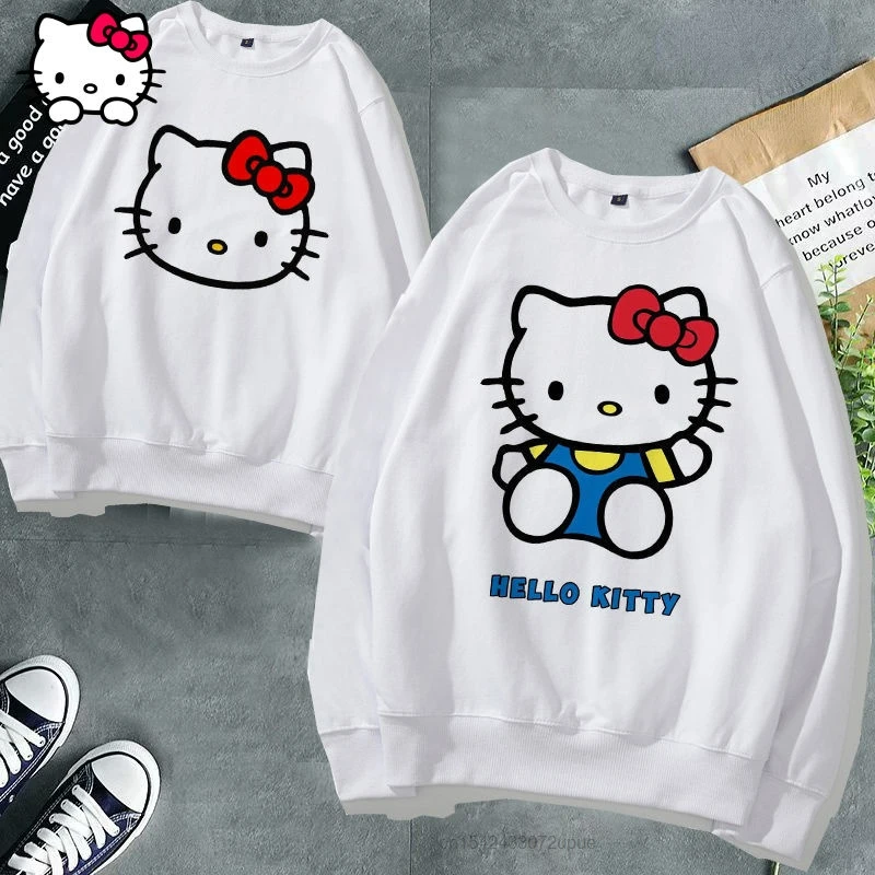 

Sanrio Hello Kitty Cat Plush White Long Sleeved Sweater Cute Female Cartoon Printed Women Loose Versatile Top Aesthetic Clothes