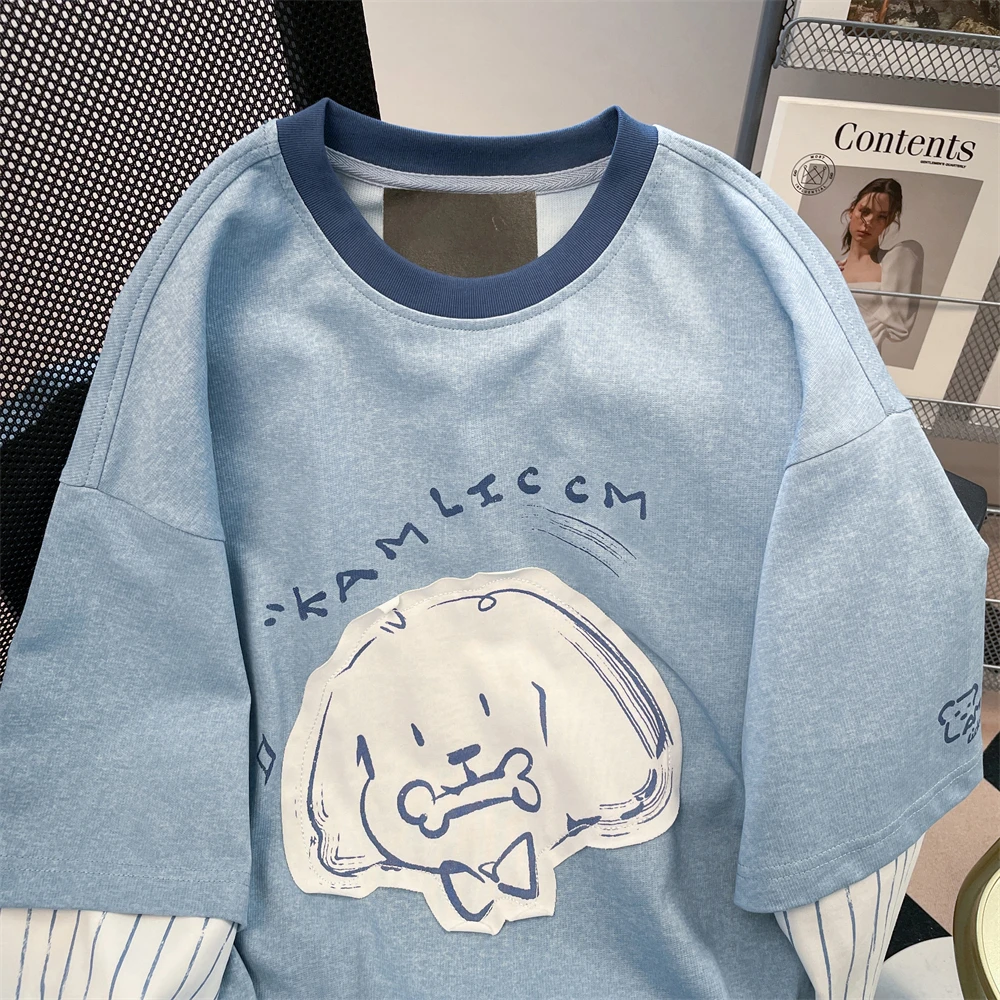 Japan fashion Applique Puppy Fake Two Pieces Long sleeves Shirt Women Autumn Chic Hong Kong Sle Retro Contrast Color Stripe...