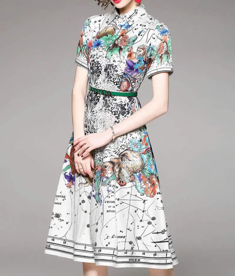 

Hot Sale Flower Print Women Dress Fashion Turn-Down Collar A-Line Dresses G7517