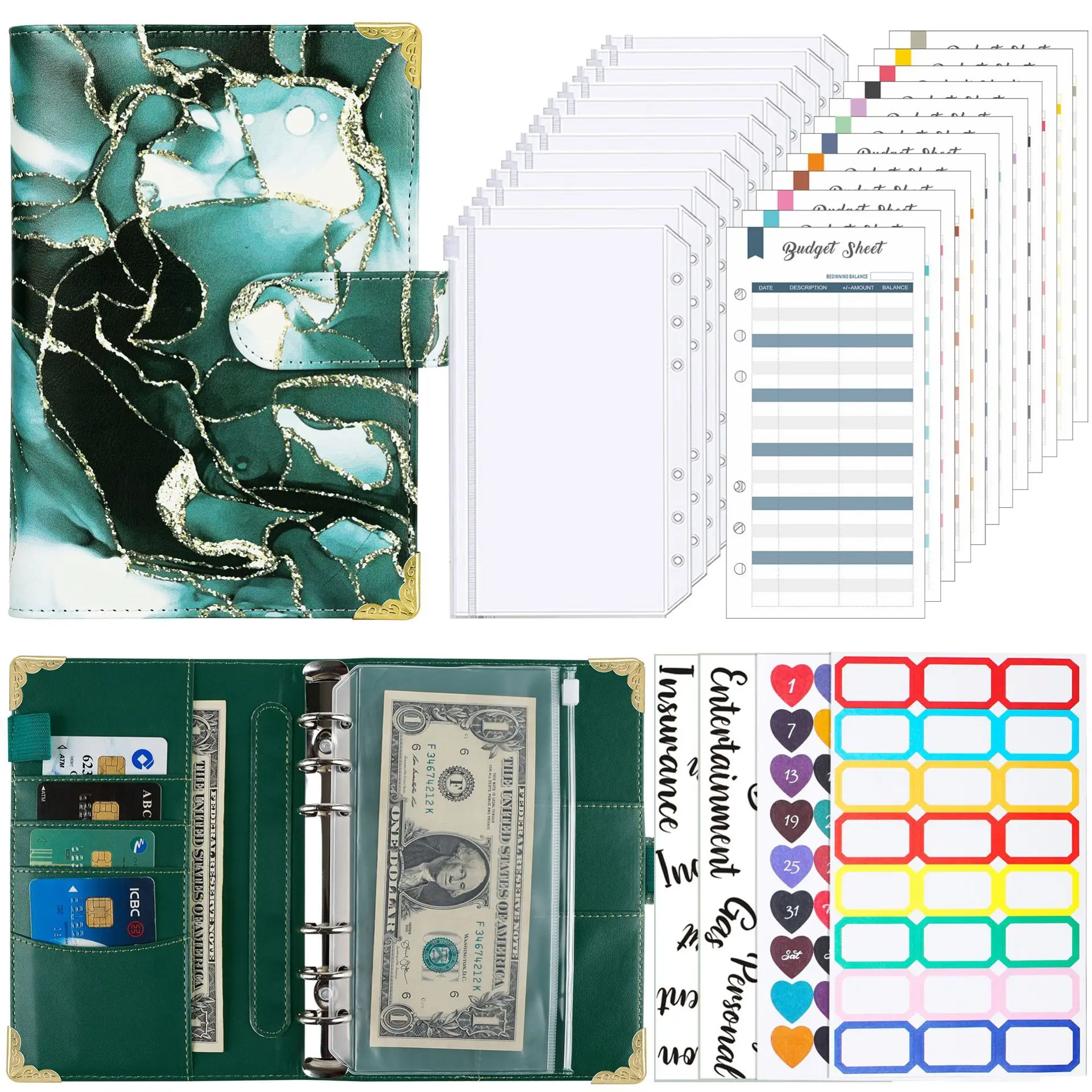 A6 colorful Money Budget Planner Binder with Zipper Envelopes Cash Envelopes, for Budgeting Money Organizer for Binder Notebook