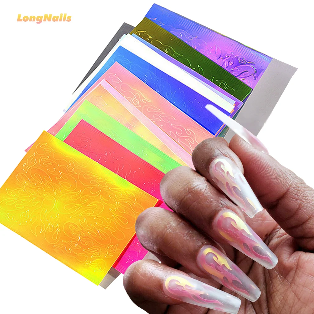 

16Sheets Gorgeous Flared Fire Nail Stickers Aurora Color Shift Holographic Unique Burn Flame French Decal Nail Blaze Sticker 168