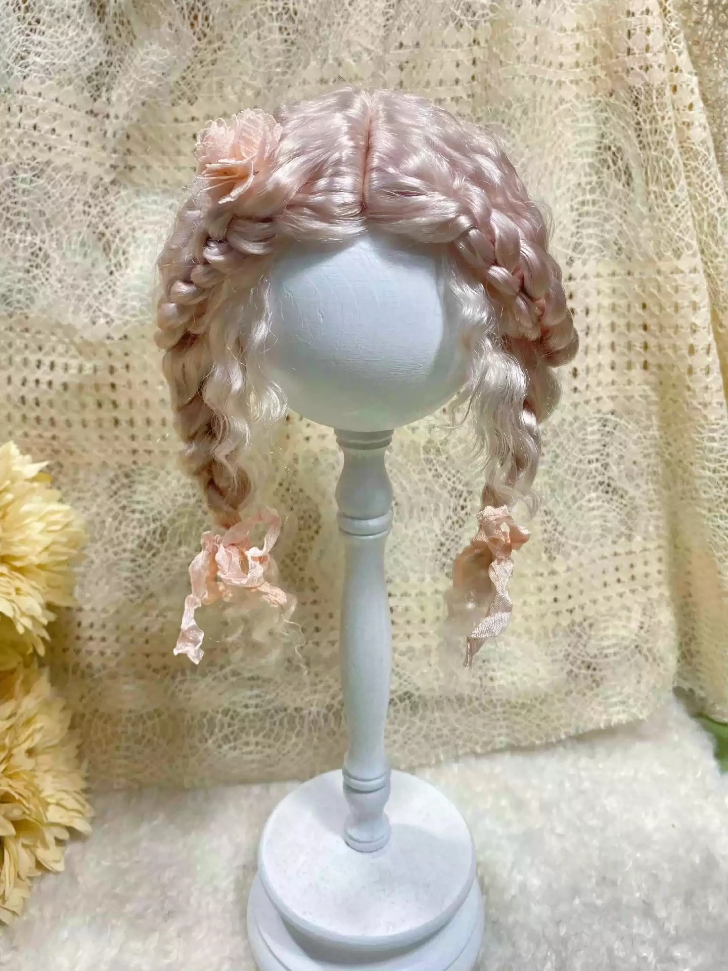 

Doll Wigs for Blythe Qbaby Mohair Pink double braids rolls 9-10 inch head circumstance