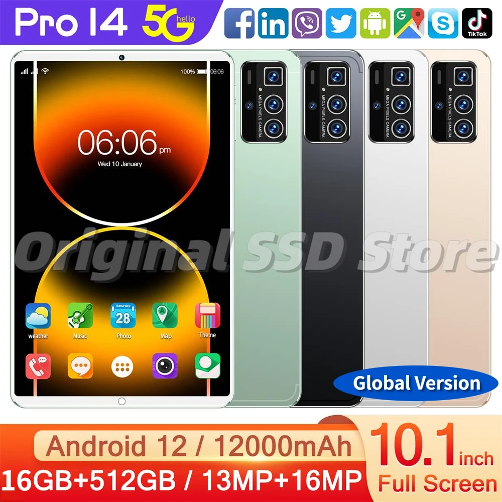 

Android 12 Tablet PC Pro 14 10.1 Inch HD Screen RAM:6/8/12GB-ROM:128/256/512GB With Keyboard Support Double Card 10 Core 12000mA