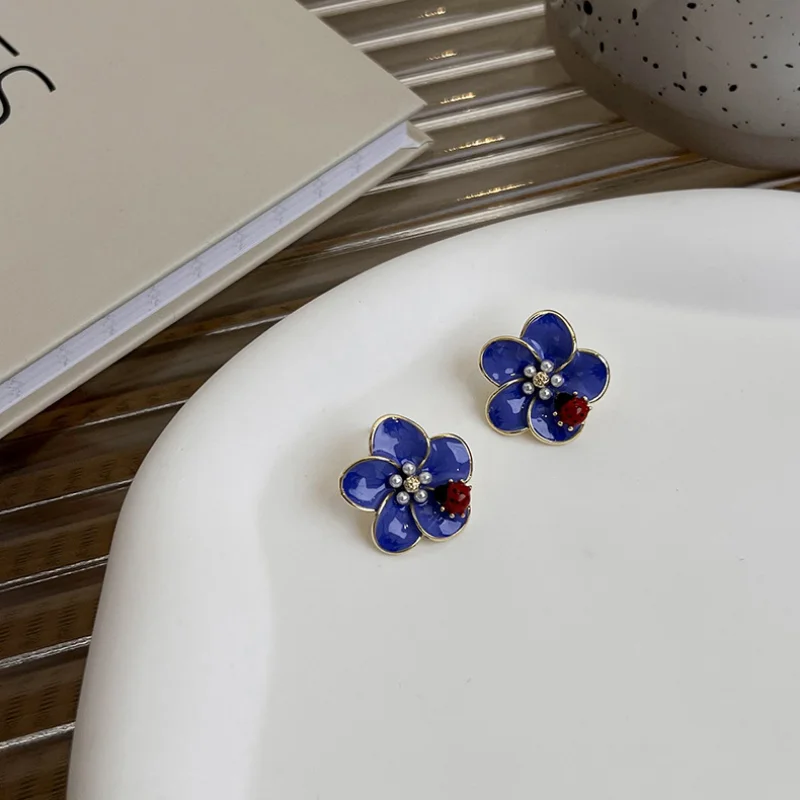 

Minar INS Fashion Blue Color Enamel Flower Earring for Women Female Simulated Pearl Stud Earrings Wedding Bridal Jewelry Gift