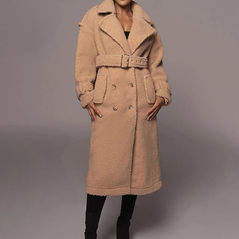 

Elegant Lapel Button Long Sleeve Woolen Coats Winter Casual Solid Color Fleece Overcoat New Fashion Lace-up Office Thick Outwear