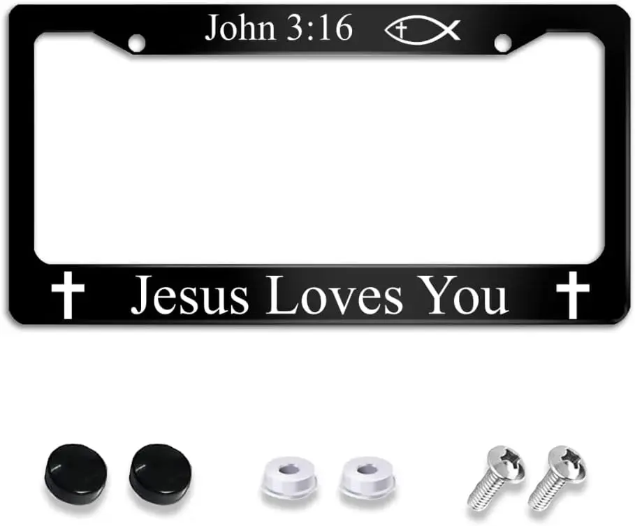 

Jesus Loves You License Plate Frame Quality Aluminum Funny Black Car Cover Tag Holder Frames with 2 Holes and Screws 12x6 Inch