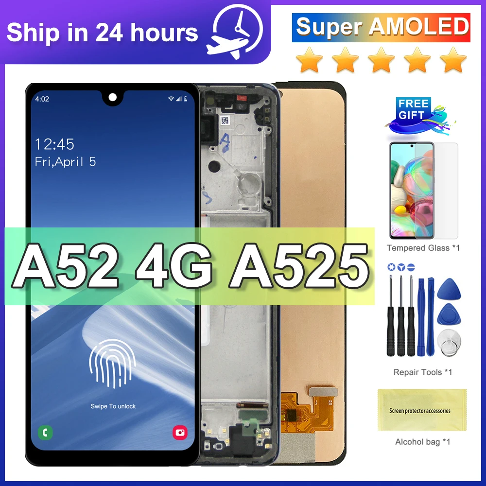 Super AMOLED For Samsung Galaxy A52 4G LCD Display Touch Screen With frame For Samsung A52 4G A525 A525F A525M Digitizer Parts