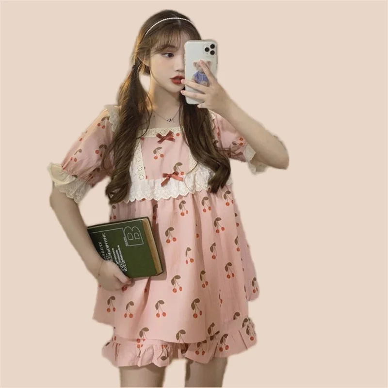 Sexy Pajamas Set Short Sleeve Shorts 2Piece/Set Summer Lace Bow Pyjama Big Size Mom Homewear Cozy Plus Sleepwear