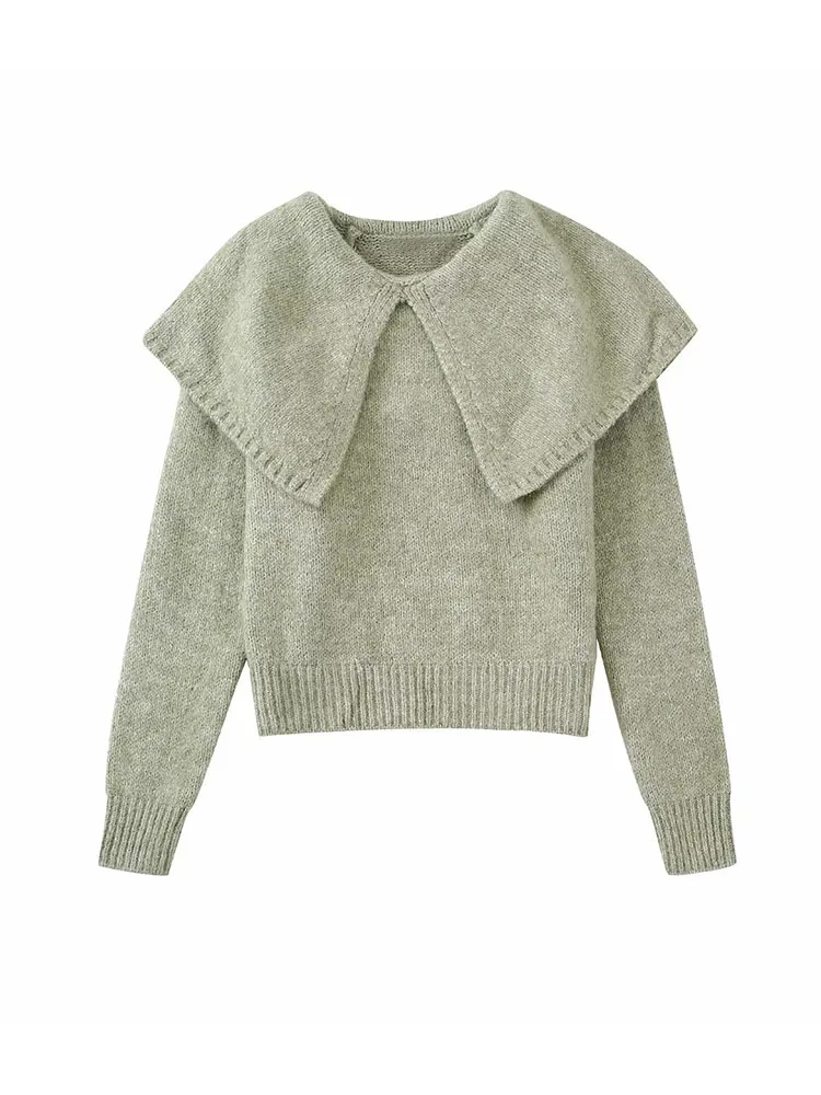 

Women 2022 Autumn New Fashion Sweet Large Lapel Knitted Sweater Vintage Long Sleeve Female Pullovers Chic Tops