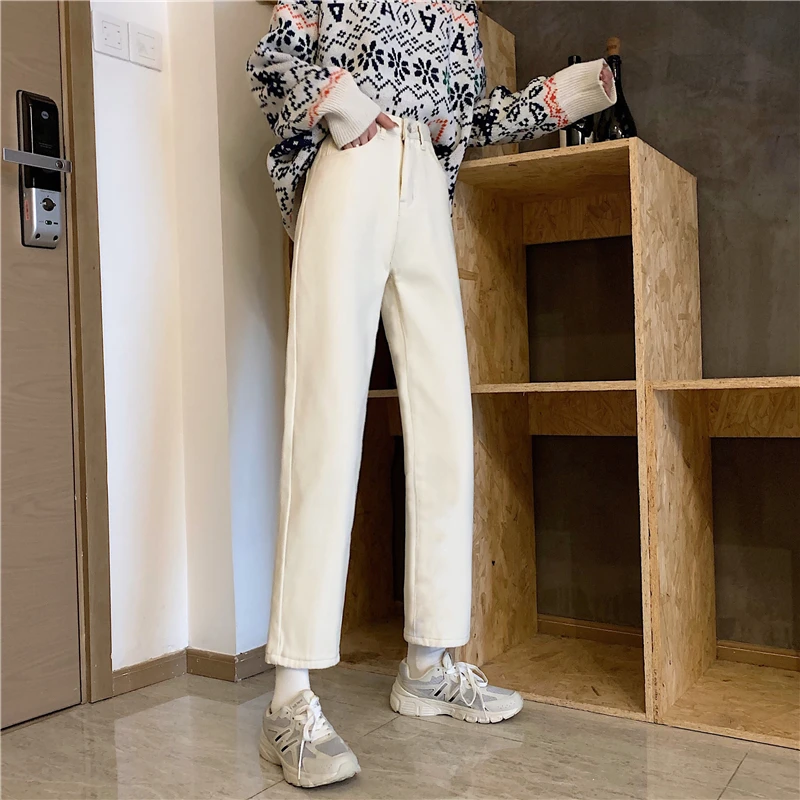 N1559  Jeans high-waist straight-leg trousers fashion all-match trend significantly high thickened trousers