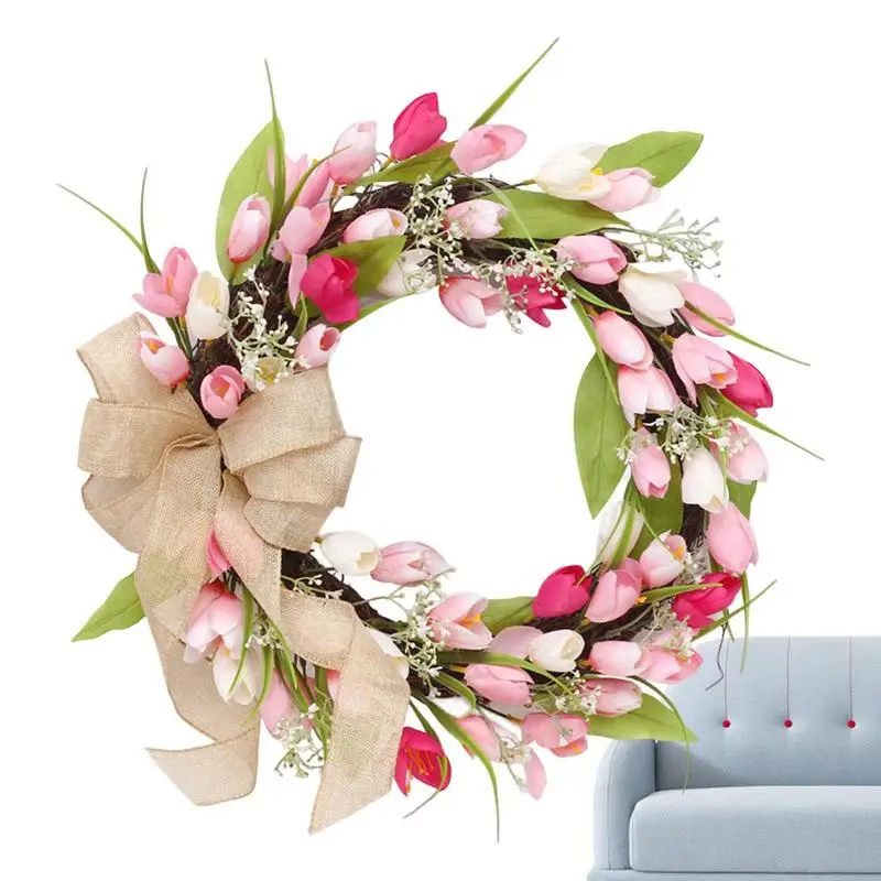 

Mothers Day Wreath Pink Tulip Flower Front Door Wreaths For All Seasons 40cm/15.74inch Colorful Farmhouse Door Hanger For Spring