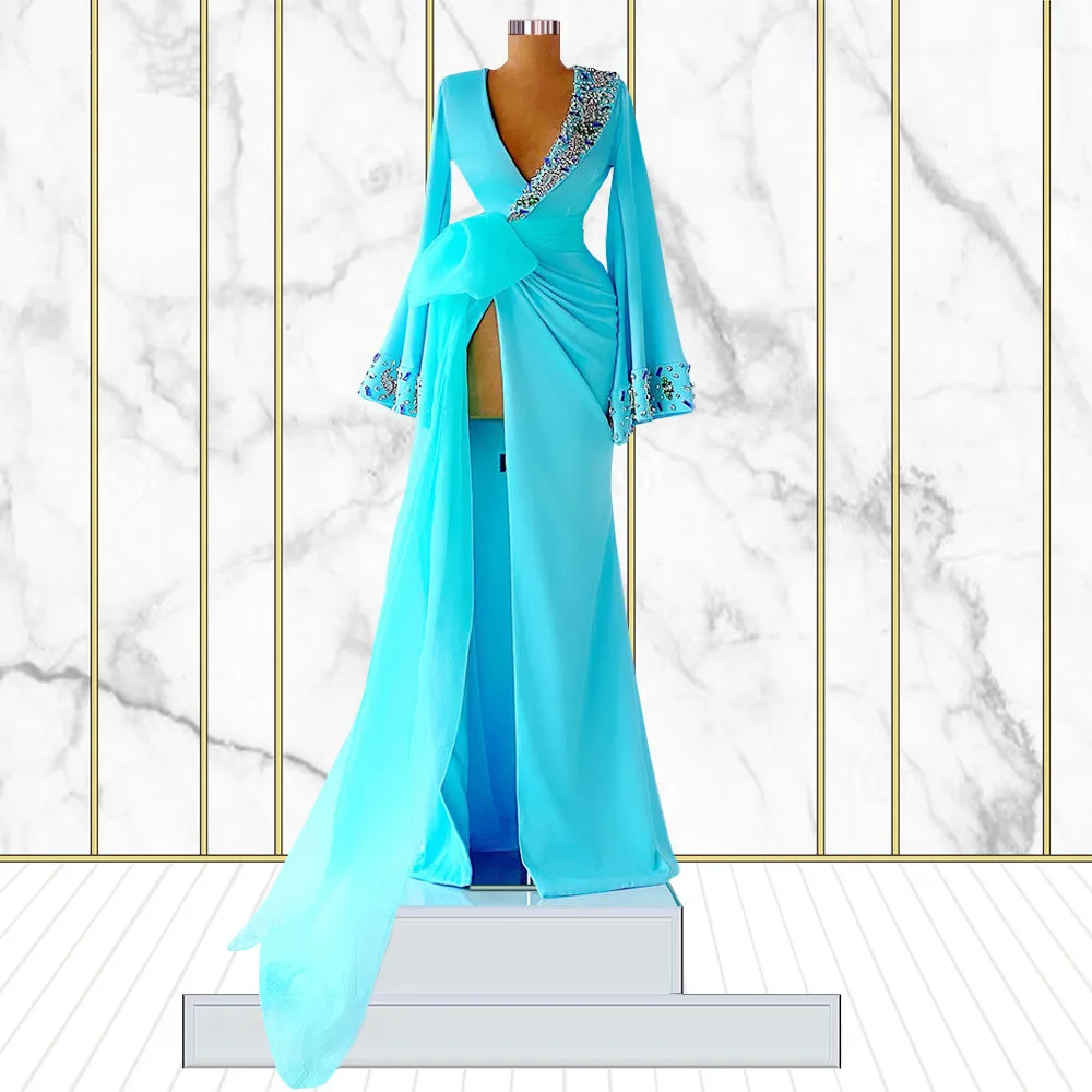 

Бирюзовое платье-Русалка для выпускного вечера, шифоновое длинное платье с длинным рукавом и разрезом из бисера, бальное платье для выпускн...