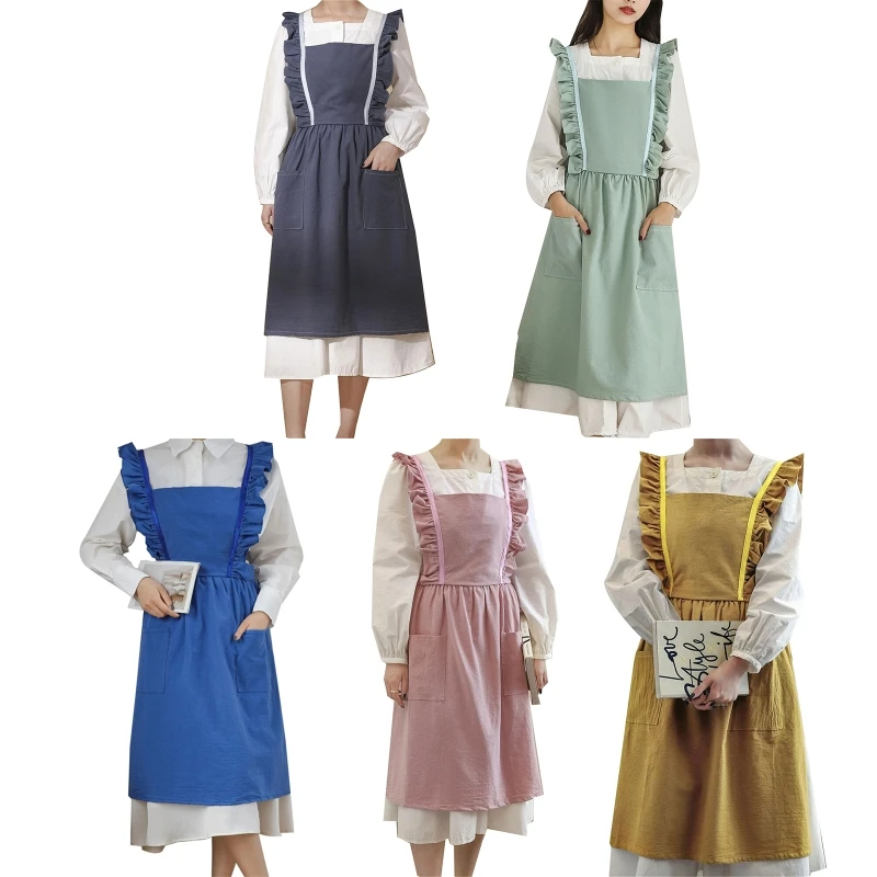 

Y1QB Lace Art Apron Cross Back Adjustable Waist Strap Bib with Pockets Washable