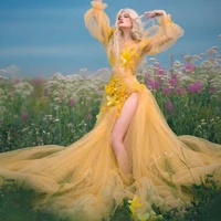 yellow tulle prom dress with 3d flowers floral print dress see through sexy high side silt dress with train photo shoot dresses