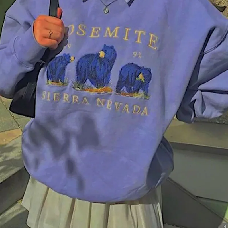 

Пуловер с вышивкой «Три медведя», свитшот с круглым вырезом, Женская кавайная одежда, повседневные худи в эстетике с длинным рукавом, женски...