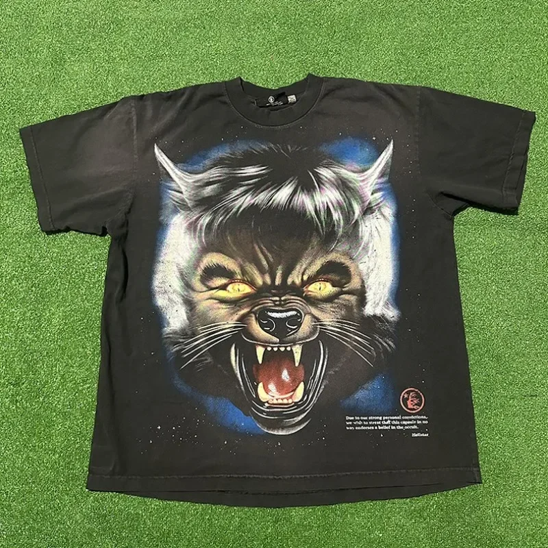 

24ss Hellstar Studios Full Moon Tee for Men Women 1:1 Best Quality Wolf Head Print Washed Black T Shirts