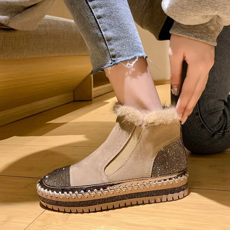 

Кроссовки женские без шнуровки, повседневная обувь, лоферы с круглым носком, меховое платье, Мокасины, большие размеры, осень