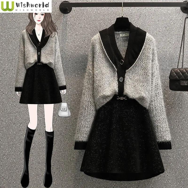 

Spring and Autumn Set Women 2022 New Korean Fashion Casual Knitted Cardigan Short Skirt Two-piece Elegant Women's Skirt Set