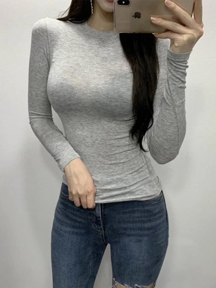

2023 Thin T Shirt Women Cotton Long Sleeve Top T-Shirts Korean Style Slim Elastic Woman Clothes Tee Shirt Spring Camisetas De Mu