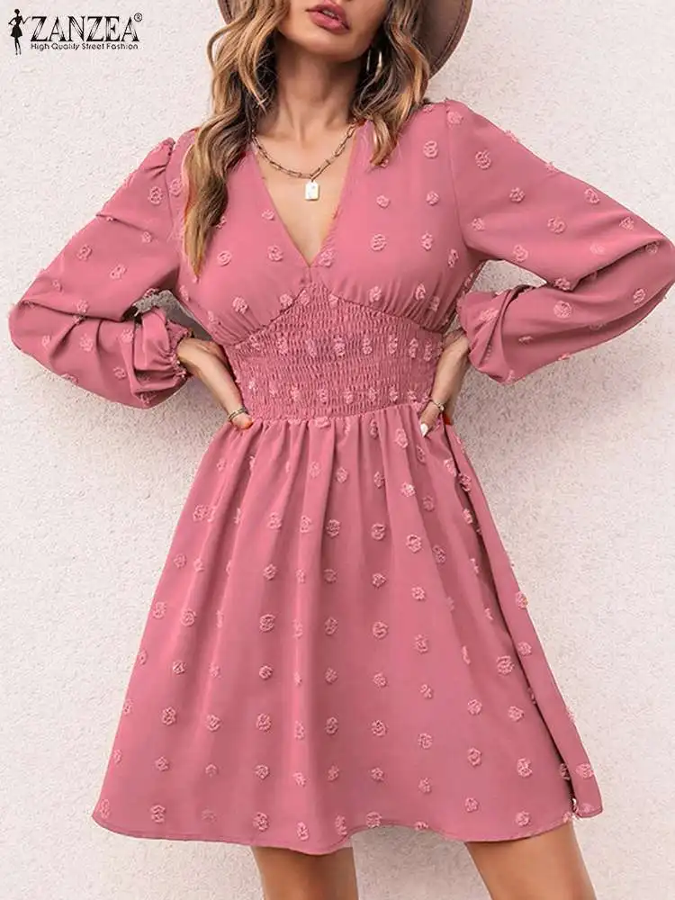 

Women Holiday Party Dress 2022 ZANZEA Puff Sleeve Spring Summer Knee Sundress Female Casual A Line Vestidos Elegant Kaftan Dress