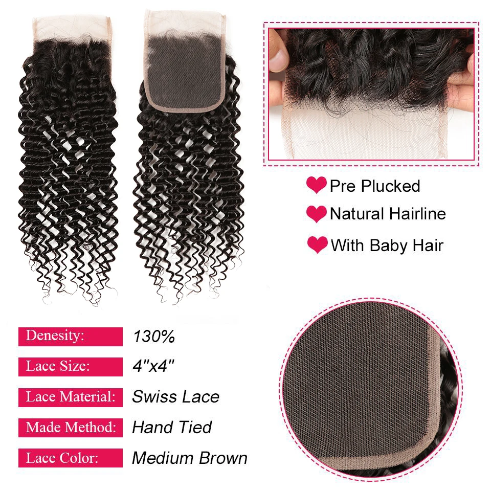Upermall Kinky Curly 4x4 Lace Closure Pre Plucked Swiss HD Transparent 13x4 Frontal Free Part Natural Black 100% Remy Human Hair images - 6