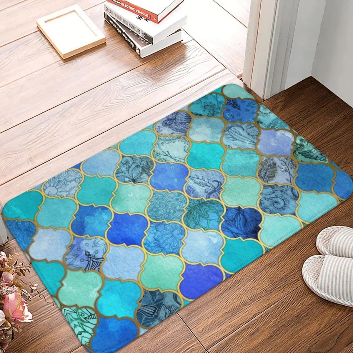 

Cobalt Blue Aqua Gold Decorative Moroccan Tile Doormat Polyester Floor Mat Dust-proo Carpet Home Rugs Mats Anti-slip Footpad