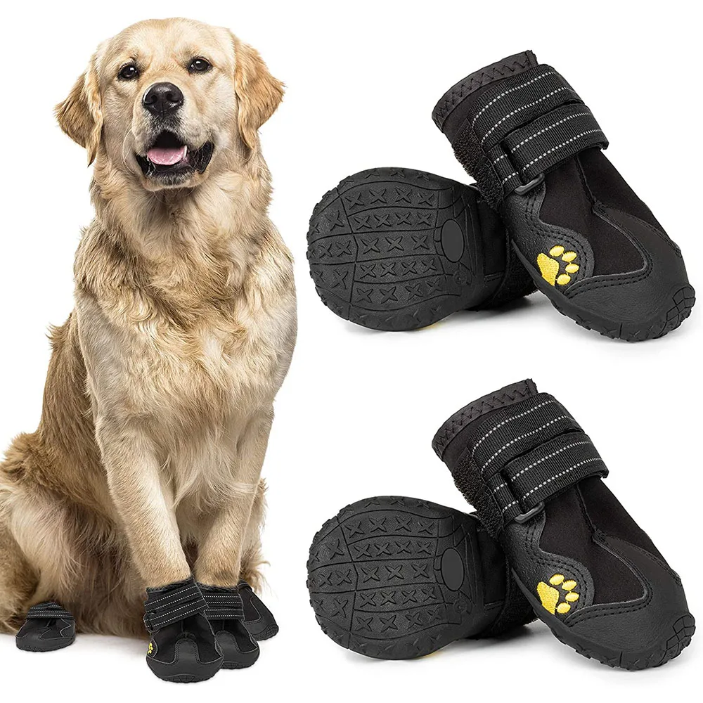 

4pcs Dog Boots Waterproof Dog Shoes Dog Booties with Reflective Rugged Anti-Slip Sole and Skid-Proof Outdoor Pet Dog Rain Boots