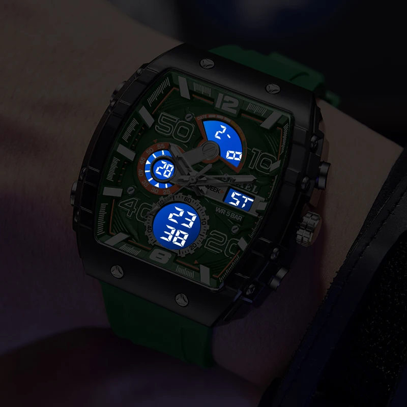SMAEL Tonneau Dial Мужские часы Многофункциональные спортивные водонепроницаемые