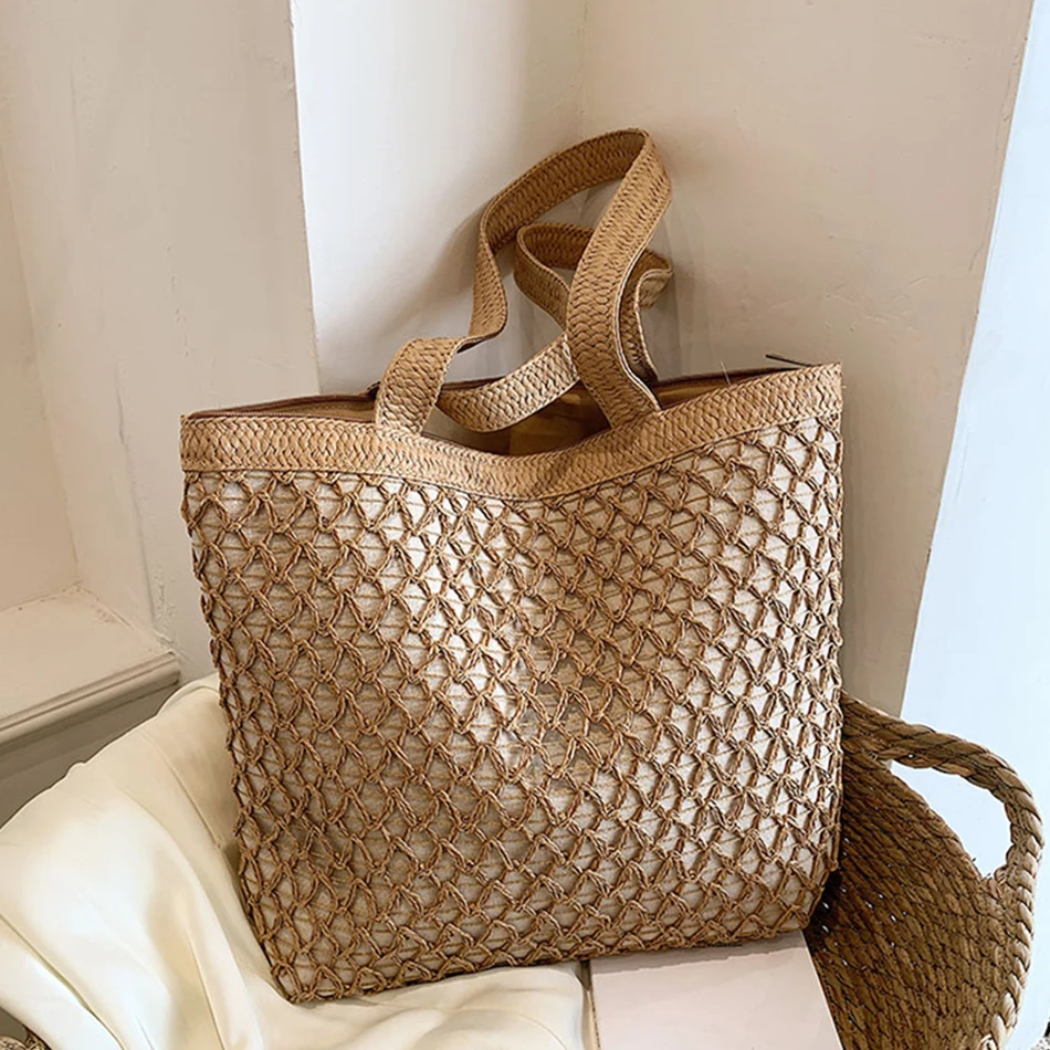 

Женские плетеные боковые сумки на молнии, Новинка лета 2023, модные сумки и кошельки, женская пляжная сумка, Повседневная Большая Сумка-тоут