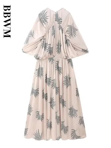 Print Long Dress Woman V Neck Vintage Three Quarter Sleeve Dress Women Casual Maxi Dresses 2023 Summer Elegant Chic Female Dress