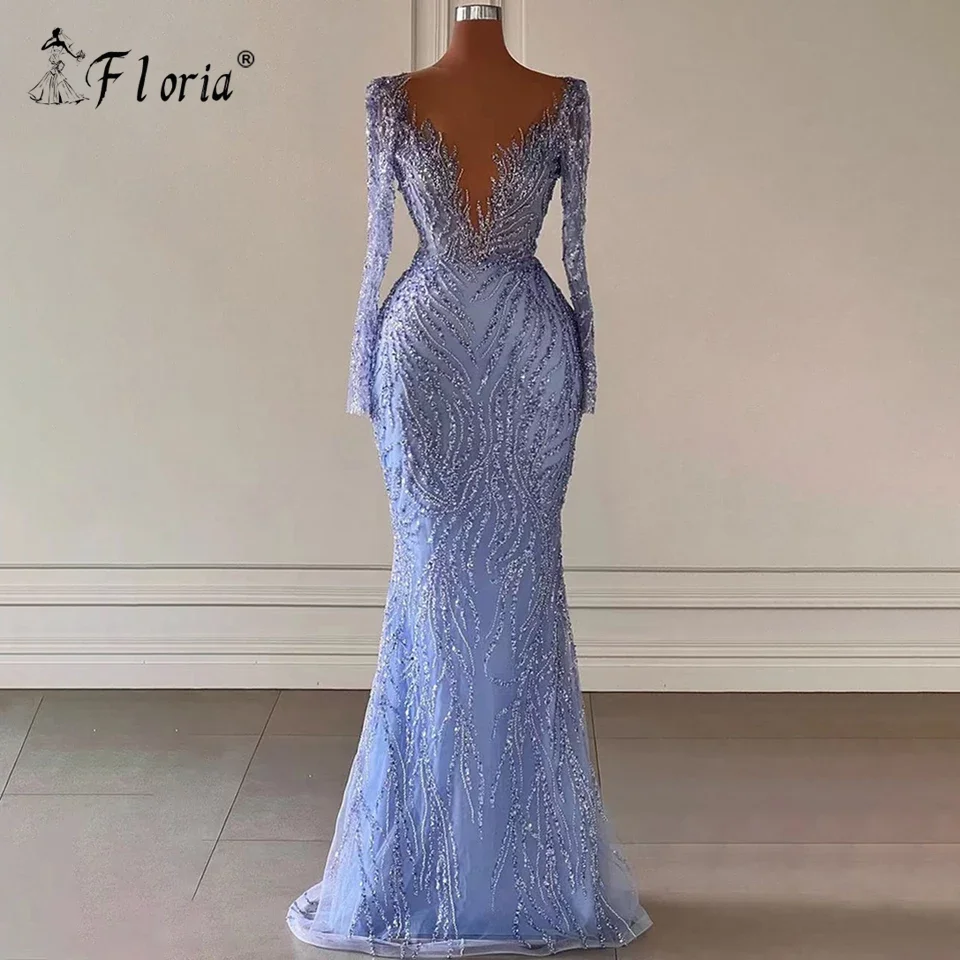 

Arabic Blue Beads Mermaid Prom Dresses For Black Girls Fromal Party Gowns Saudi Aso Ebi Evening Wear vestidos de fiesta largos