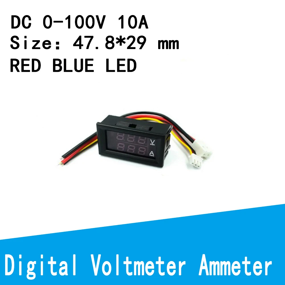 Цифровой вольтметр постоянного тока 0-100 В, 1 А, 10 А, амперметр, двойной дисплей, детектор напряжения, измеритель тока, панельный усилитель, вольтметр 0,28 дюйма, красный, синий светодиод