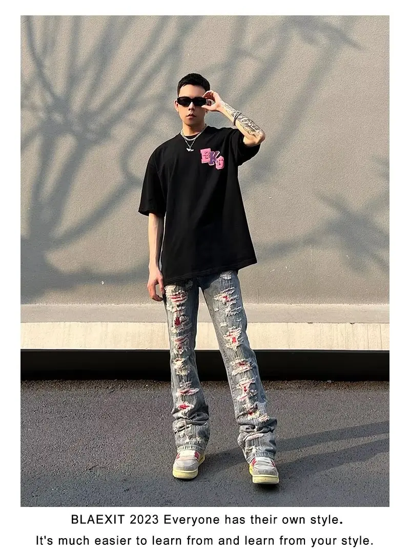 y2k Men Jeans High Street Washed Cat Beard Harlan Patch Jeans for Men Worn Out Slim Fit Slim Feet Men's Pants Jeans Streetwear