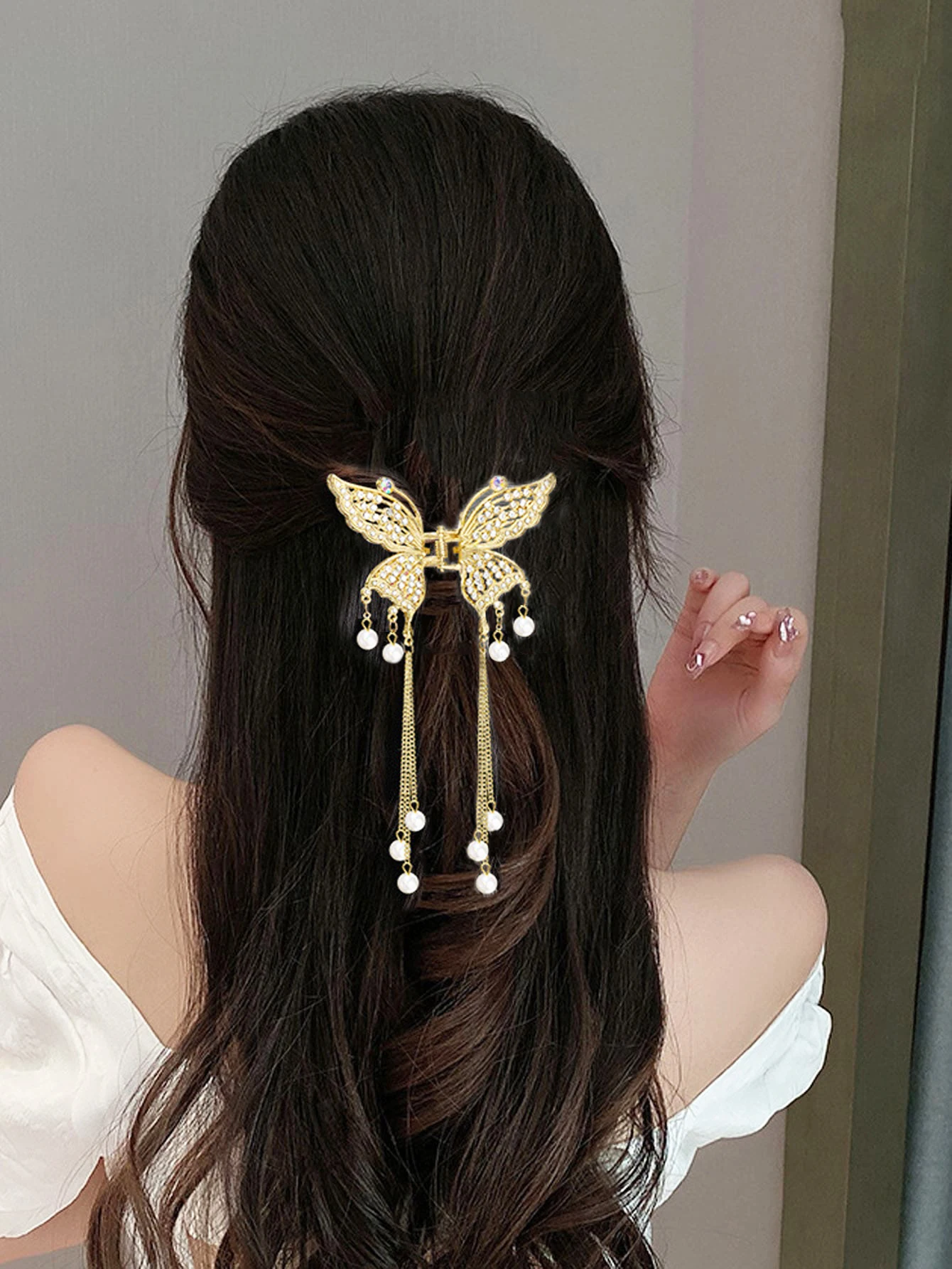 Элегантный блестящий бриллиант бабочка коготь для волос искусственный нефрит