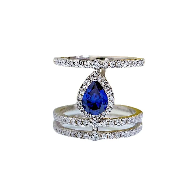 

2022 new S925 silver one carat pear-shaped tanzanite blue 5*7 water drop ring ring fashion temperament factory direct sales