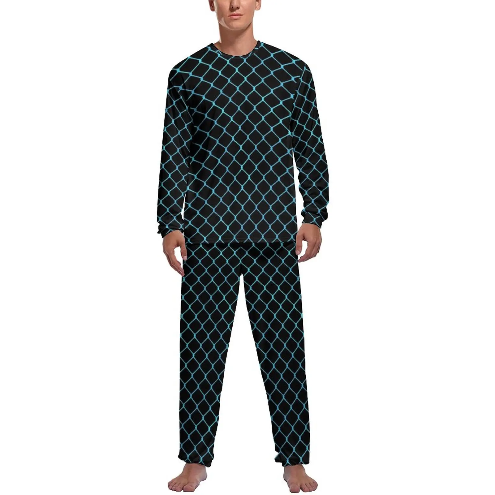 Blue Fence Chains Pajamas Long Sleeve Elegant Modern 2 Pieces Night Pajamas Set Winter Men Custom Kawaii Nightwear