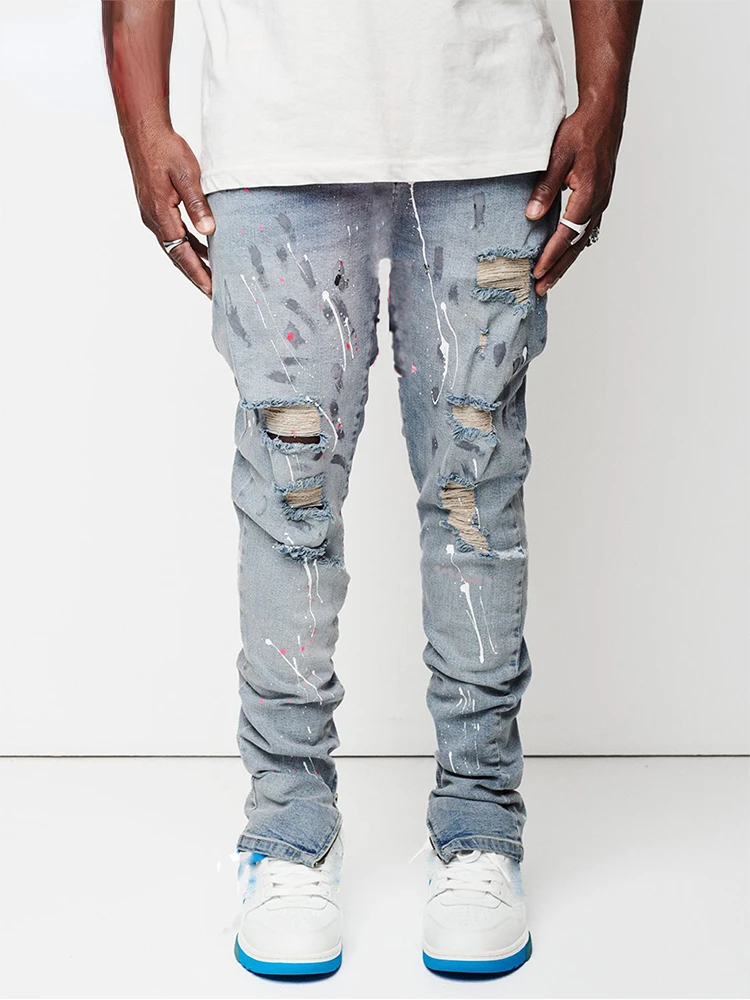 

England New Design Jeans Fit Cotton Ripped Denim Pants Biker Skinny Distressed Knee Damage Light Blue Jeans Men Paint Slim Style