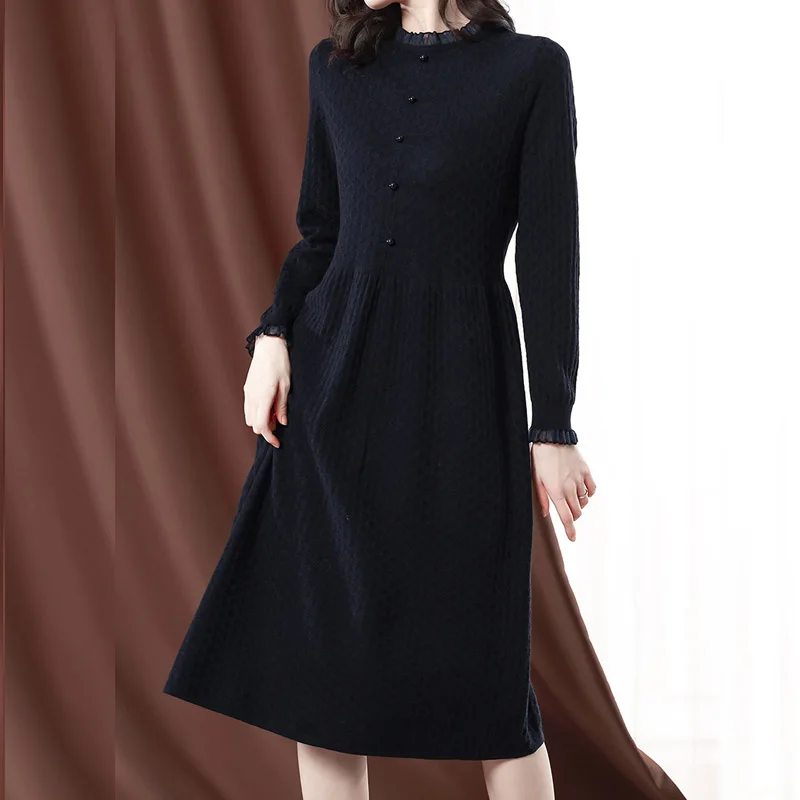 

Half High Round Neck Wool Knitted Autumn Women'S New Fashion Long-Sleeved Fungus Bottoming Solid Color Comfortable A-Line Dress