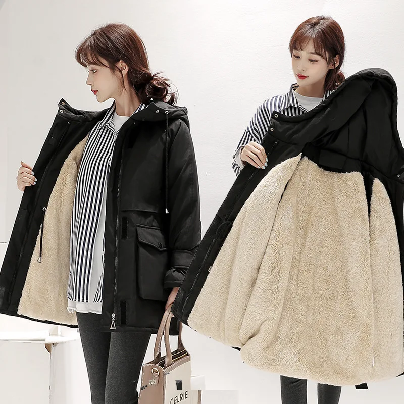 Women's Winter Korean Style Loose Plus Velvet Thickening Warm Quilted Jackets Mid-length Parkas Cotton Coat Hooded Padded Jacket