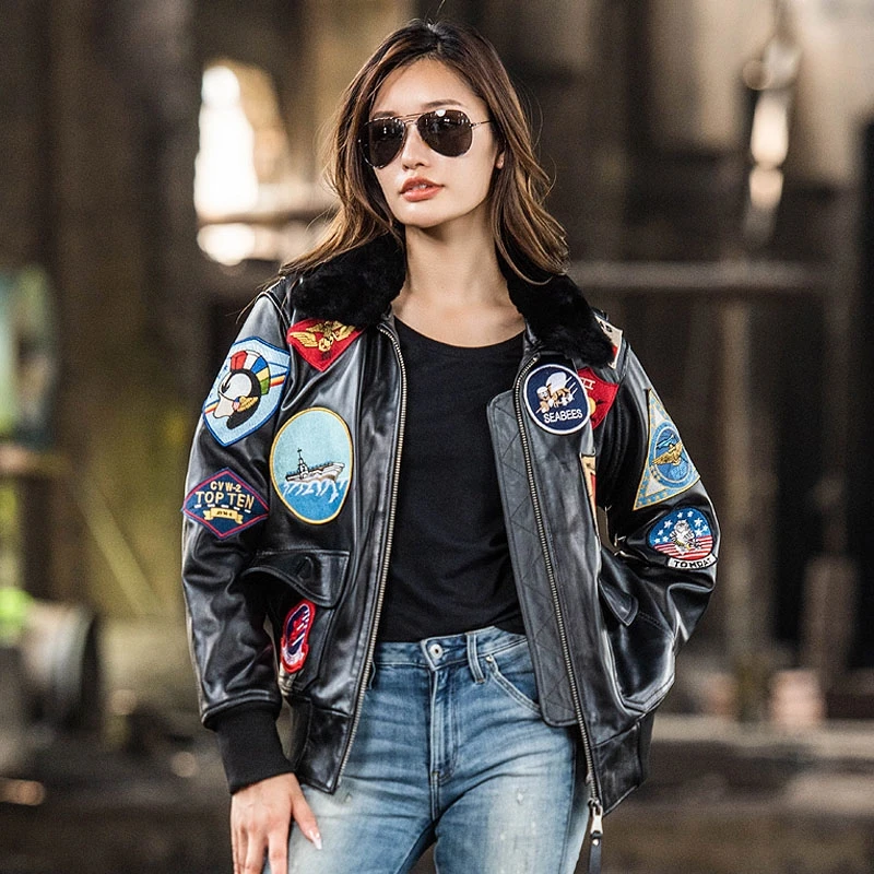 Black TOP GUN Maverick G1 Jacket Women Military Style Natural Thin Sheepskin Winter Warm Aviator Genuine Leather Coats