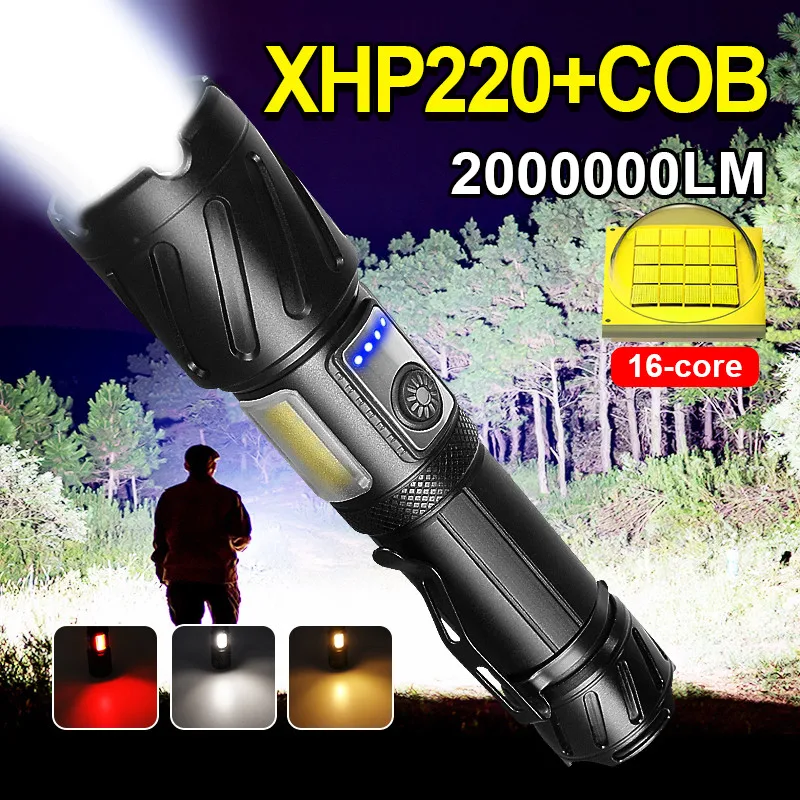 

Waterproof Camping Flashlight 26650 Or 18650 Lithium Battery XHP90+COB Strong Light USB Charging Zoom Side Light P160 LED