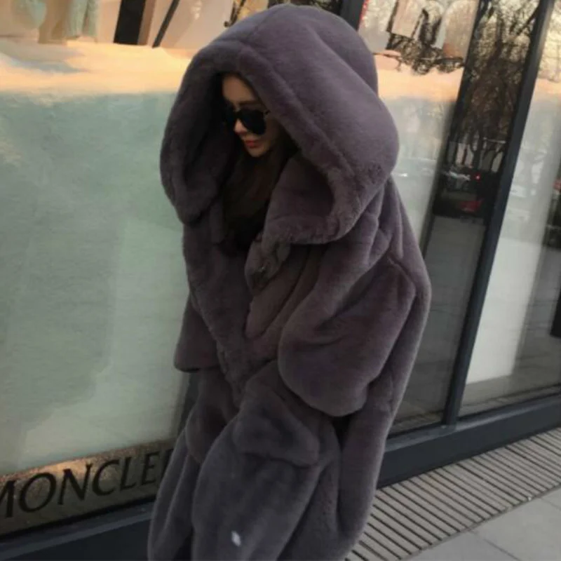 

2021 New Large Size Long Solid Color Faux Fur Coat Casual Women Outwear Oversized Winter Warm Hooded Fur Jacket D004